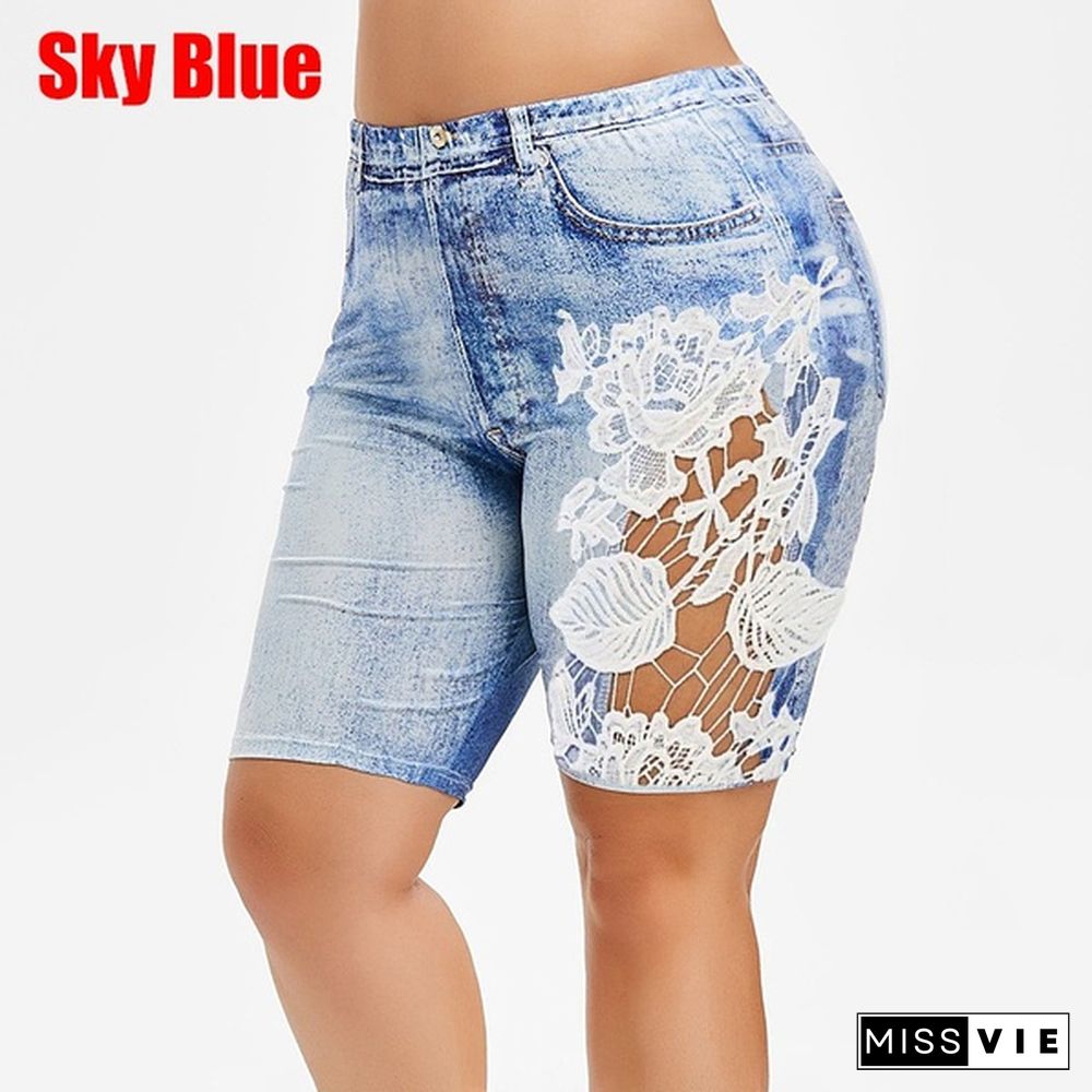 Women's Fashion Floral Print Skinny Jeans Short Lace Mesh Summer Shorts Fitted Leggings Knee Length Denim Pants Plus Size