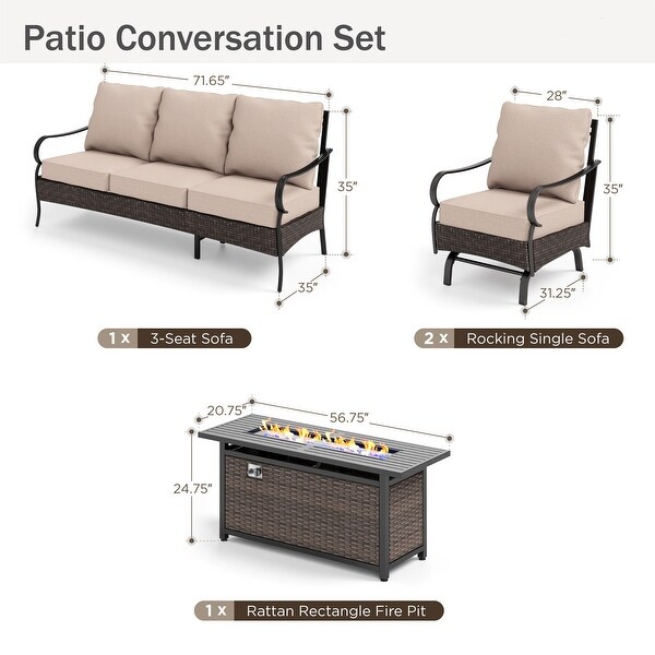 MAISON ARTS 4/6Piece HeavyDuty Oversized Metal Conversation Set with Fire Pit Table，3Seat Sofa，Swivel Chairs，Ottoman(s)