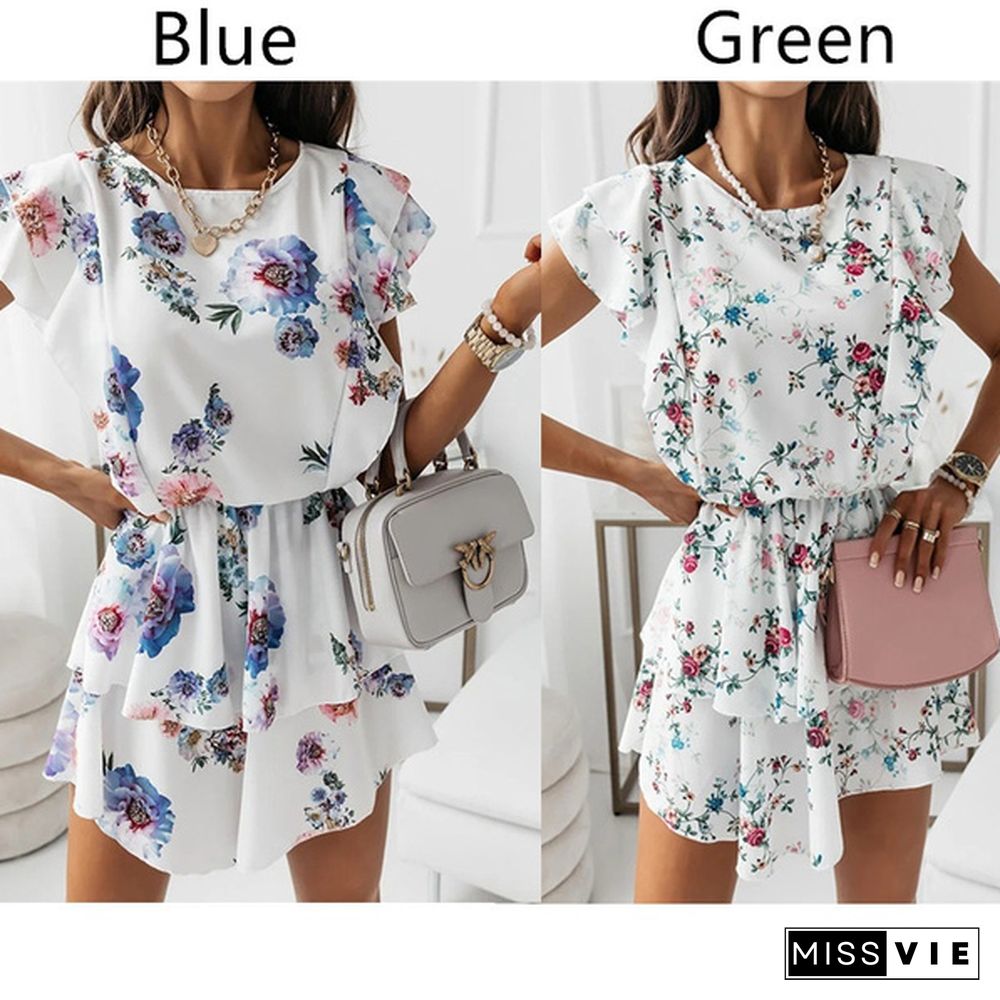 Women Beach Mini Dress Summer Bohemian Casual Loose Floral Print Cocktail Beach Short Dress Sundress Rope