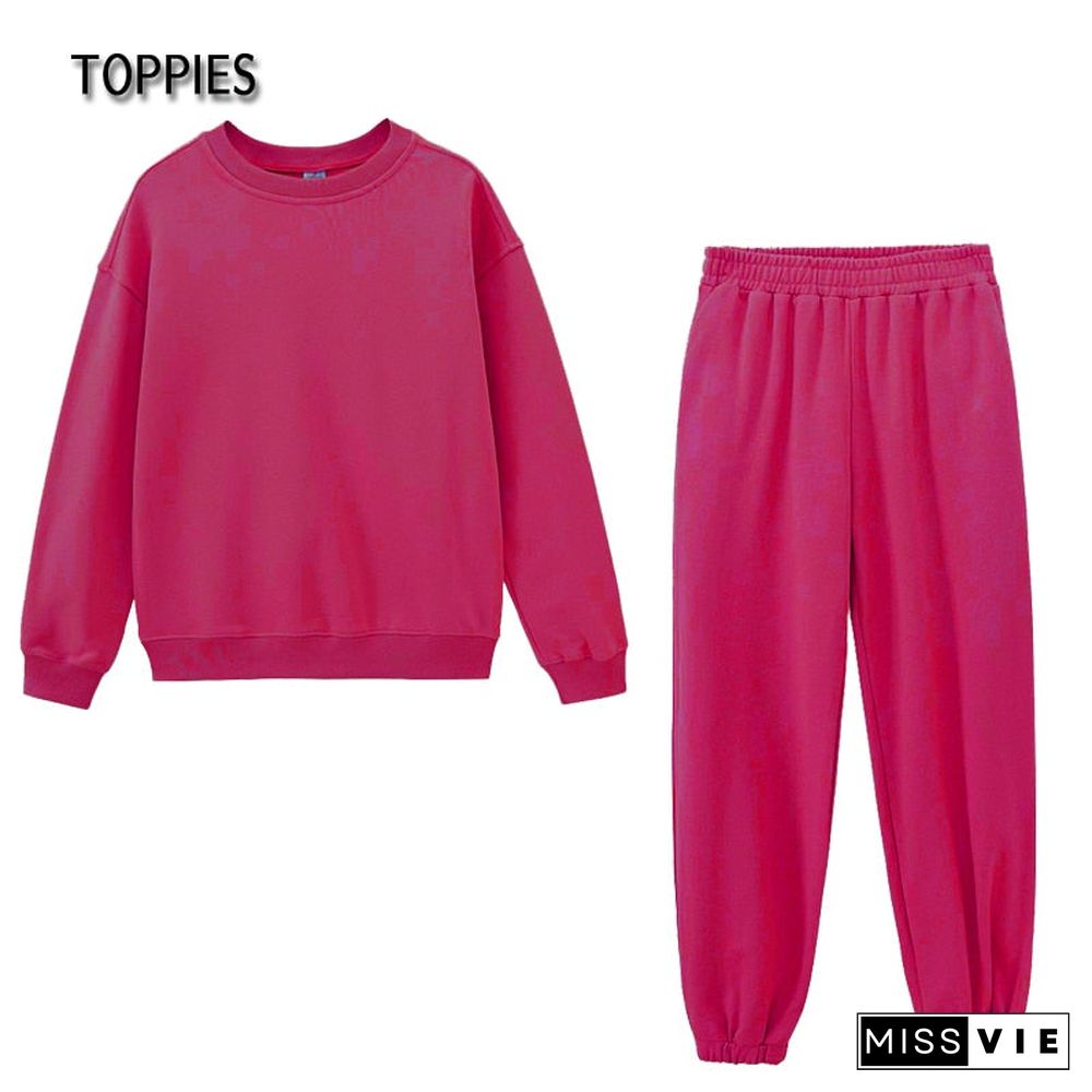 Toppies Casual Oversized Two Piece set woman Suit Female Tracksuit Pant O-neck Sweatshirts White Sweatpants