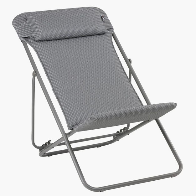 Lafuma Maxi Transat Plus Adjustable Foam Padded Ultra Compact Reclining Foldable Sling Chair With Headrest For Indoors And Outdoors Silver