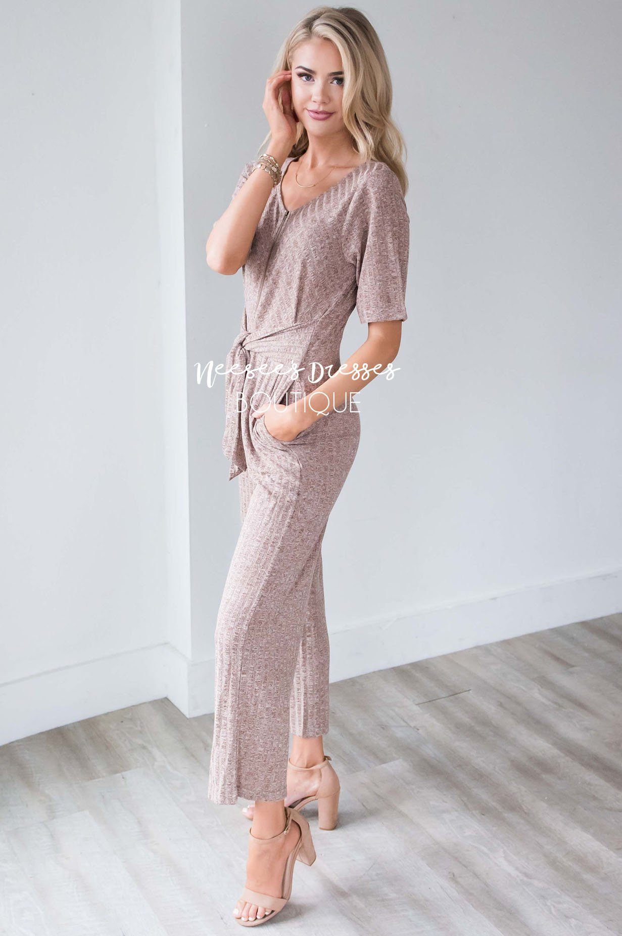 Mocha Zipper & Tie Front Jumpsuit