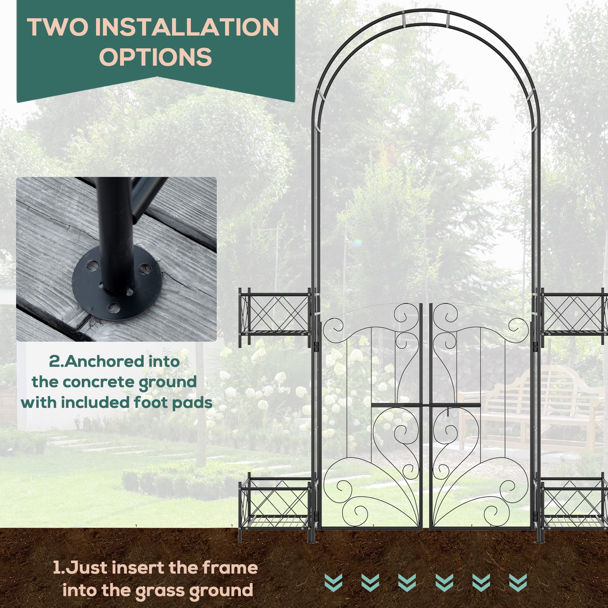 Outsunny 7' Metal Garden Arbor, Garden Arch with Gate, Scrollwork Hearts, Latching Doors, Planter Boxes for Climbing Vines, Ceremony, Weddings, Party, Garden, Backyard, Lawn, Black