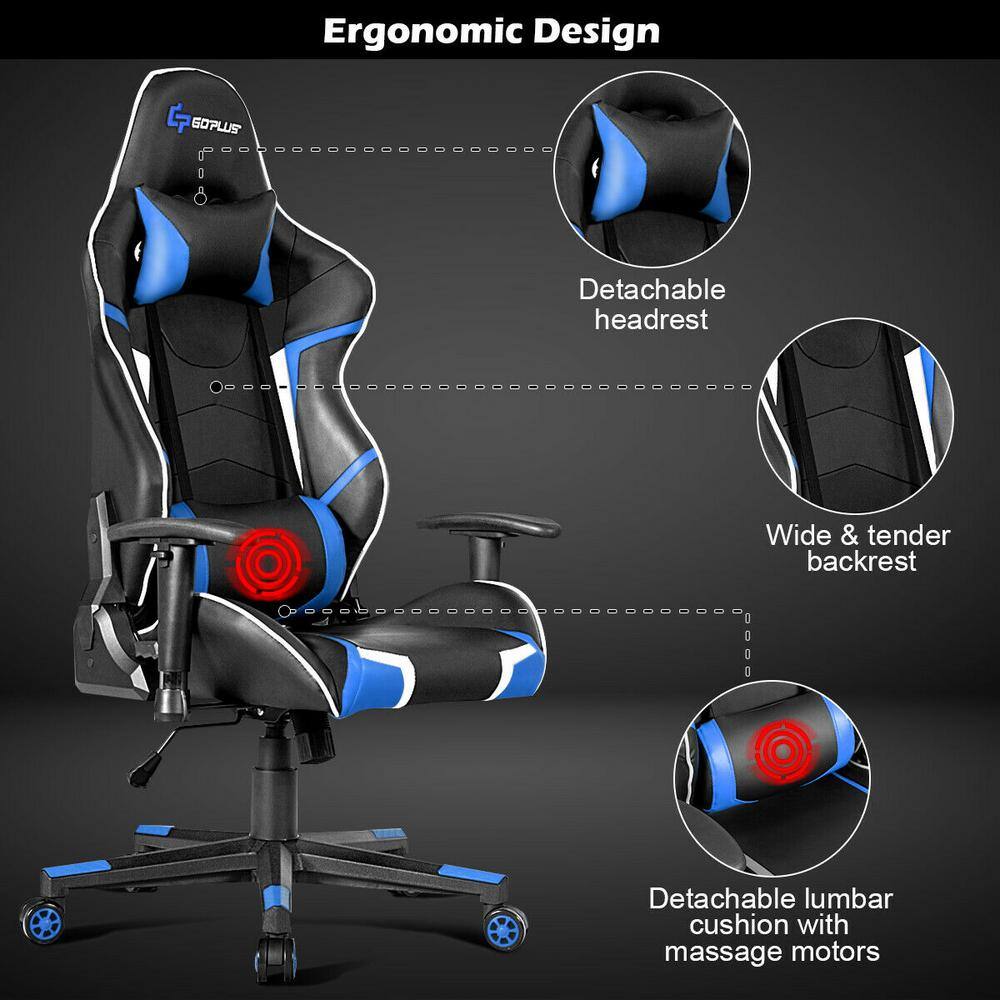 Costway Massage Gaming Chair Reclining Racing Chair w Headrest and Lumbar Support Blue HW62039BL