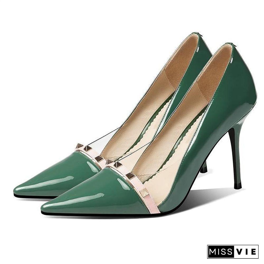 Patent Leather Sexy Heels Shoes Pointed Toe Rivet Super High Heels Green Pumps Women Dress Shoes Stilettos Fashion