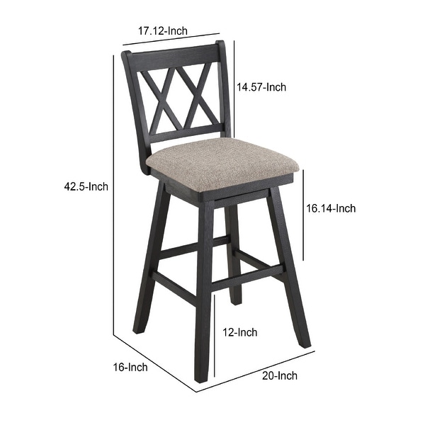 Jasmine 29 Inch Handcrafted Rustic 360 Degree Swivel Barstool Chair， Crossed Black Wood Frame， Gray