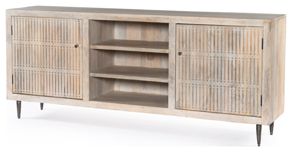 Sarah 2 Door Media Cabinet With Brushed Ivory Finish on Forged Iron Base   Midcentury   Entertainment Centers And Tv Stands   by Moti  Houzz