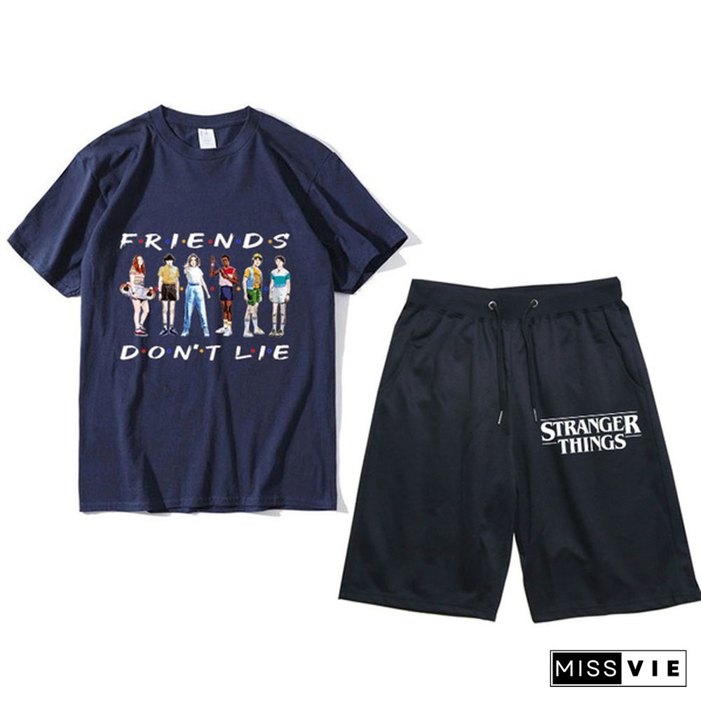 Summer Fashion Stranger Things T-Shirt + Short Pants Suit Unisex Casual Crew Neck Short Sleeve Drawstring Shorts Set