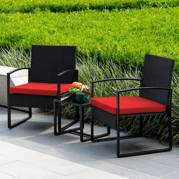 3 Piece Patio Bistro Set Outdoor Furniture Set with Glass Table，Rattan Conversation Sets for Porch Garden Balcony