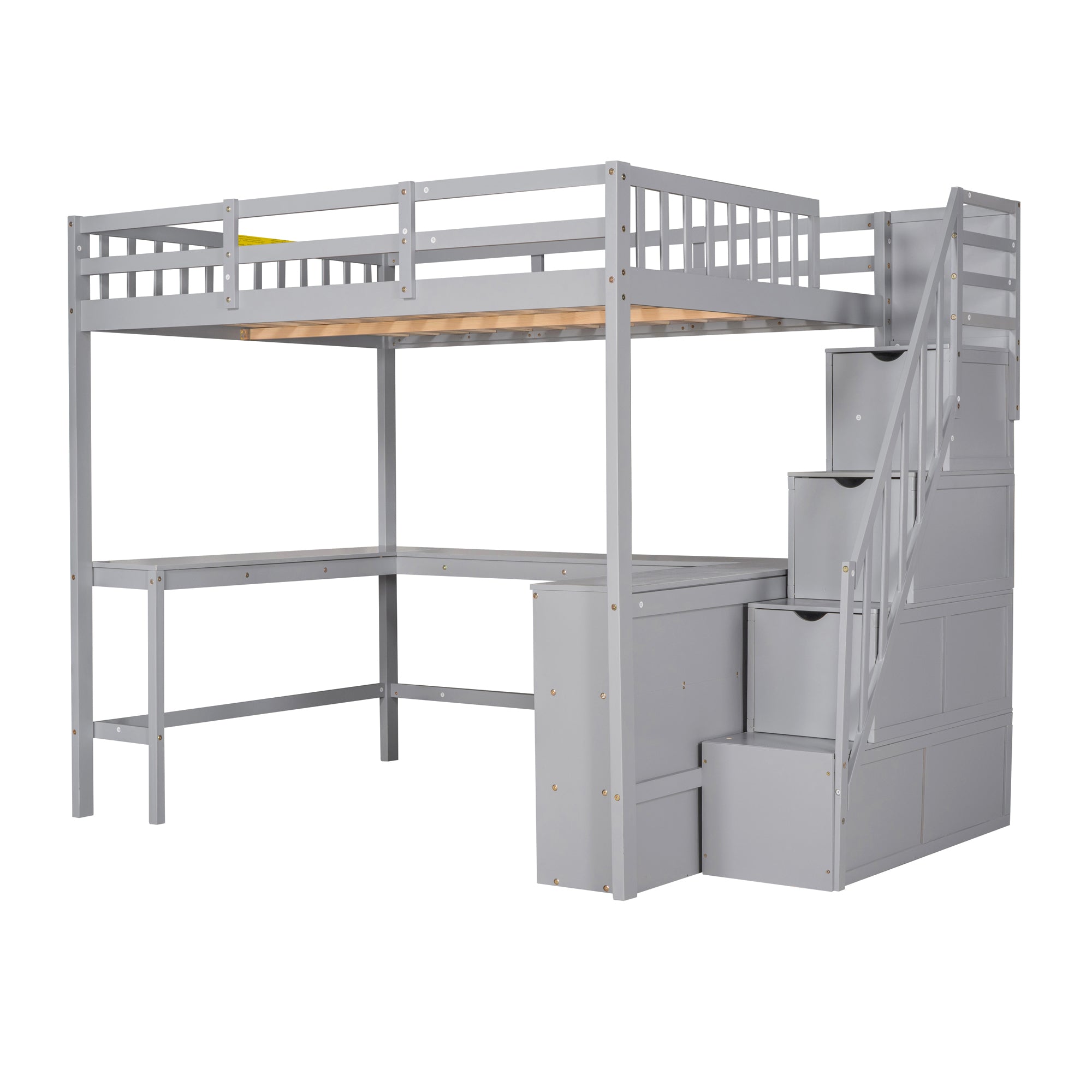 Wood Full Loft Bed with Desk, Shelf and Storage Staircase for Kids, Gray