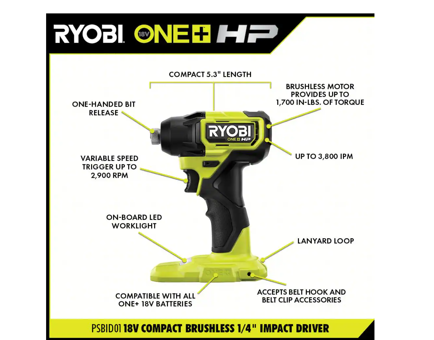 RYOBI PSBCK01K-PSBCS02B ONE+ HP 18V Brushless Cordless Compact 1/2 in. Drill/Driver， Impact Driver， Cut-Off Tool， (2) Batteries， Charger， Bag