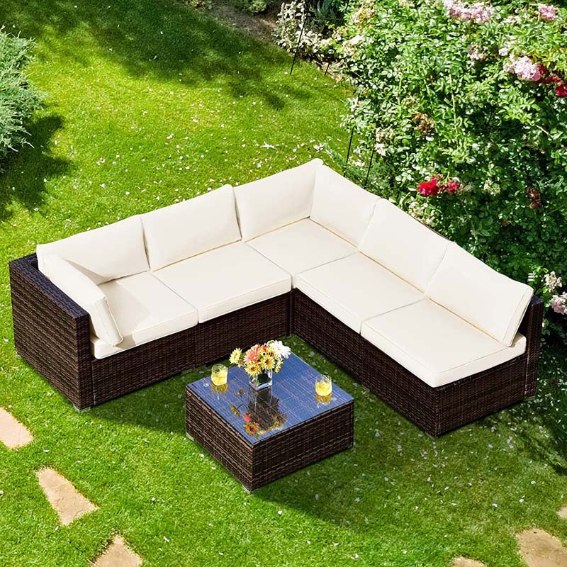 6 Pcs Rattan Patio Sectional Sofa Set Outdoor Conversation Furniture Set with Cushions & Glass Coffee Table