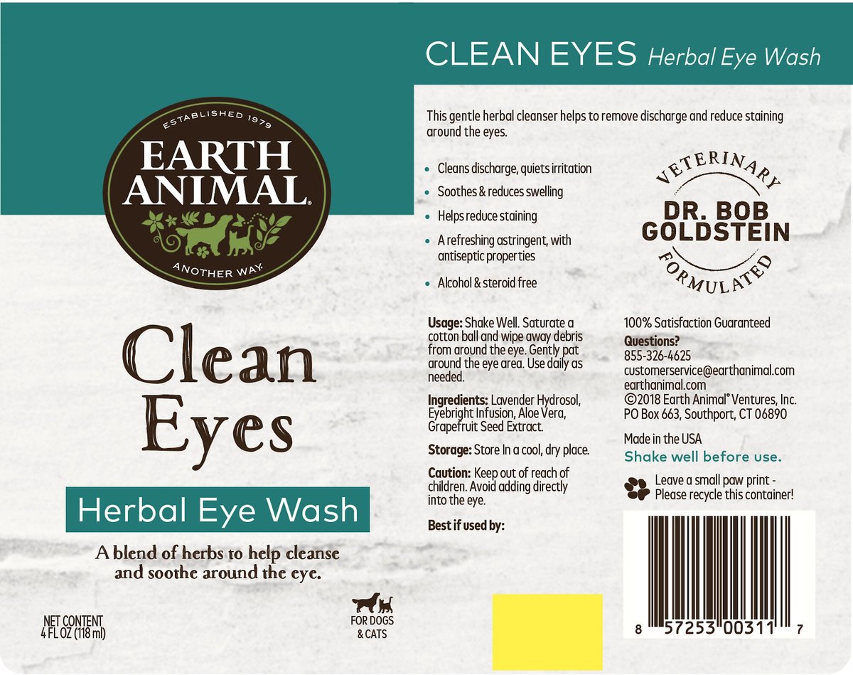 Earth Animal Natural Remedies Clean Eyes Herbal Eye Wash Cleanser for Dogs and Cats， 4-oz bottle