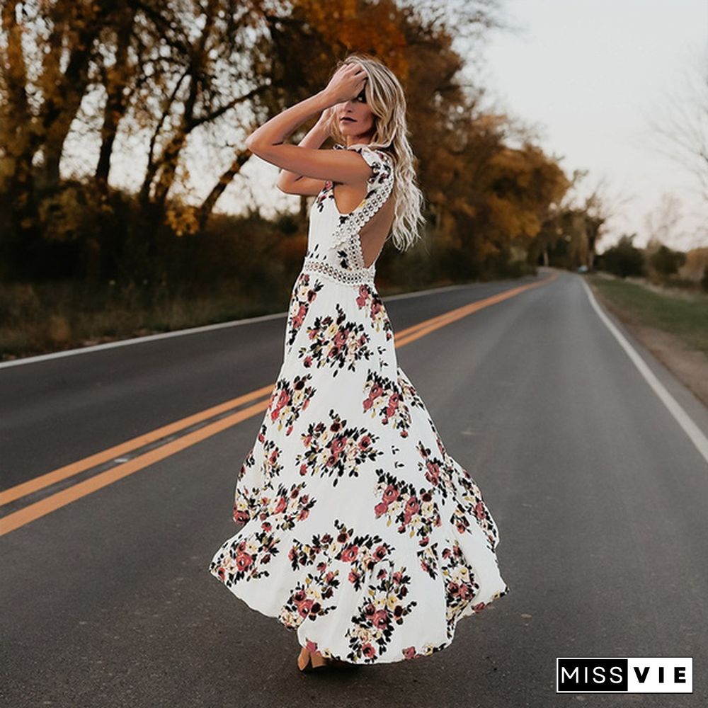 Elegant Fashion Women Sleeveless Floral Print Irregular Maxi Dress Slim Backless Holiday Beach Dress Bohemian Sundress