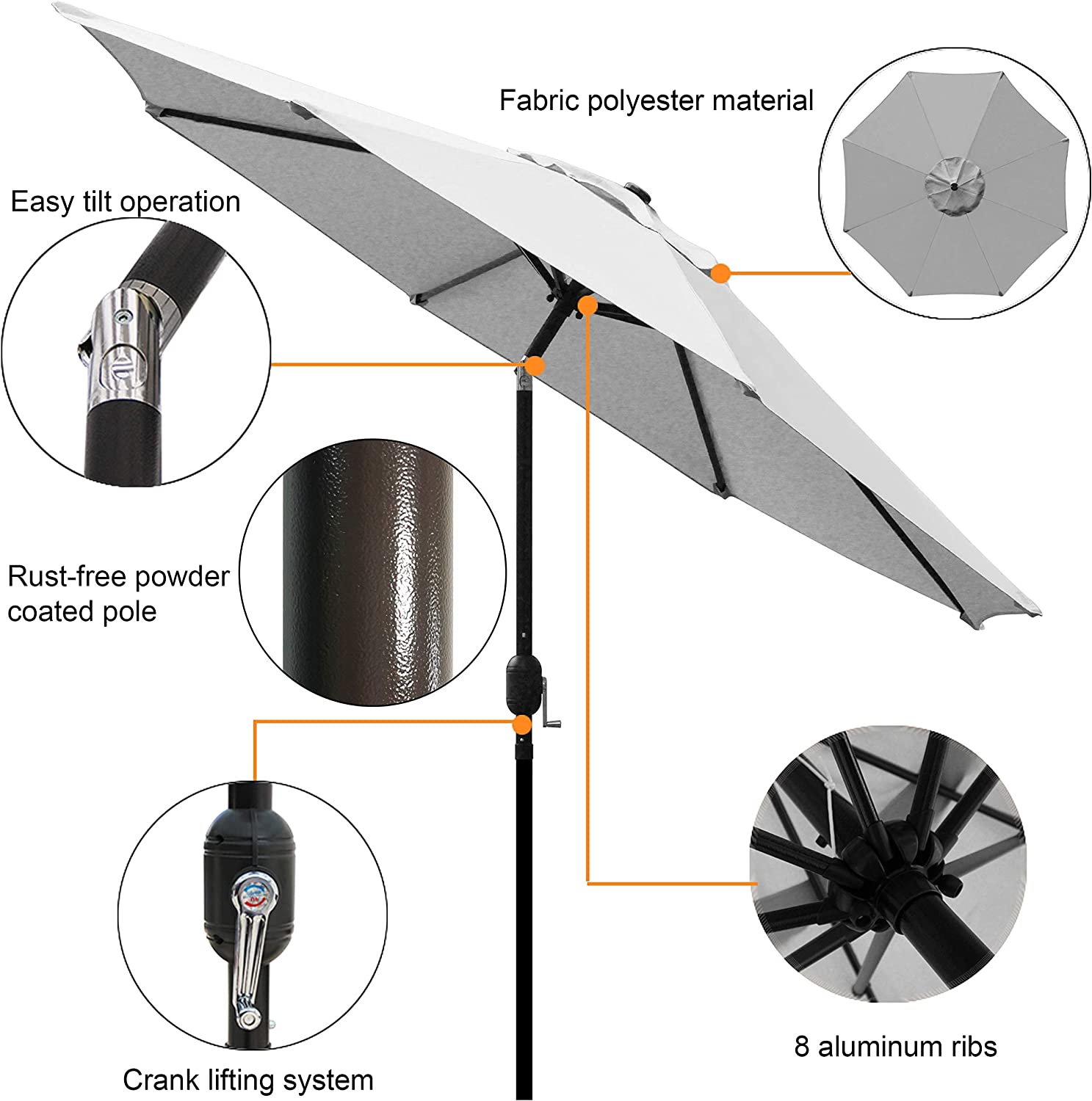 9' Outdoor Market Patio Umbrella with Push Button Tilt and Crank, 8 Ribs (Tan)