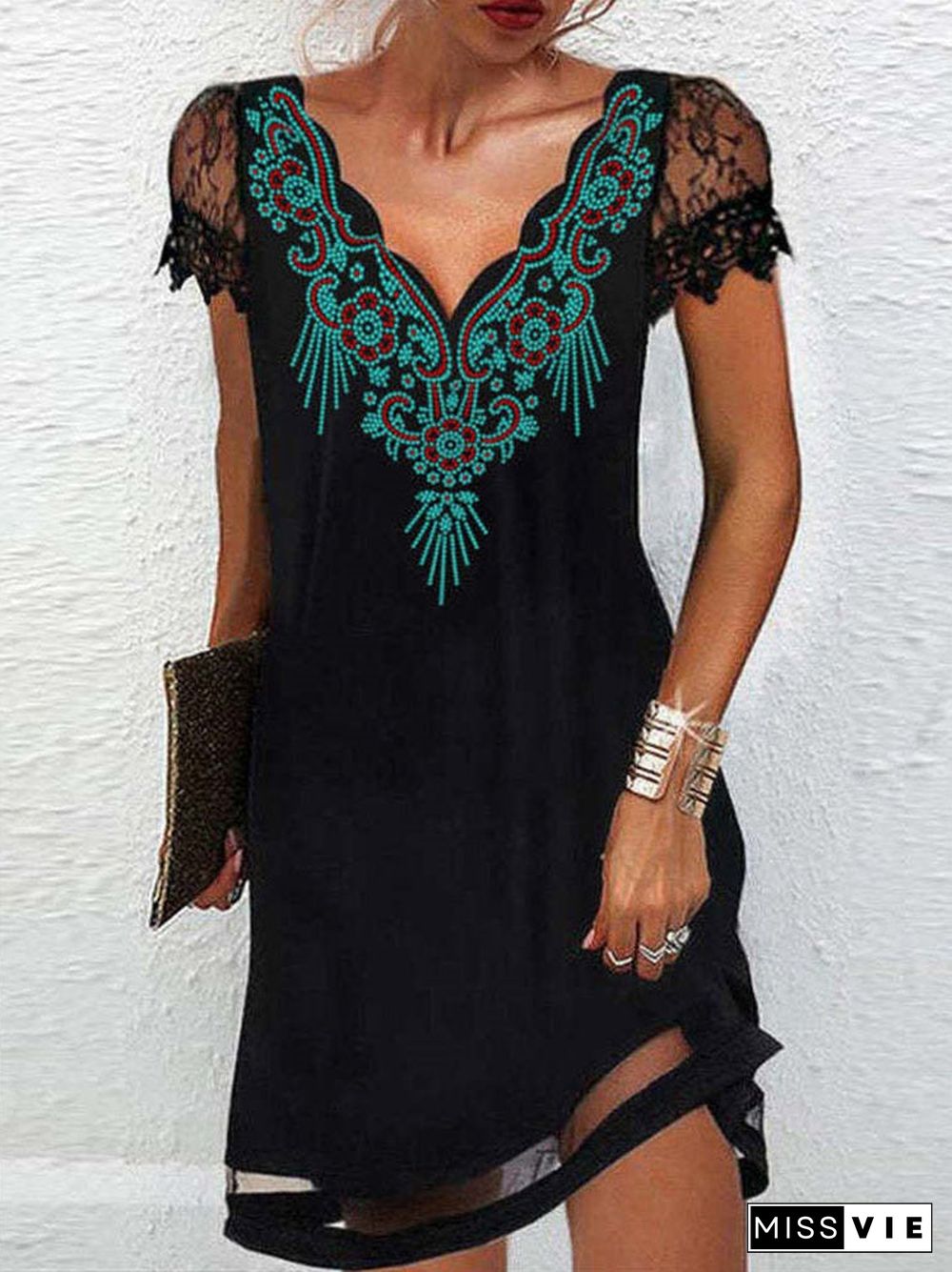 Women Short Sleeve V-neck Lace Floral Printed Midi Dress