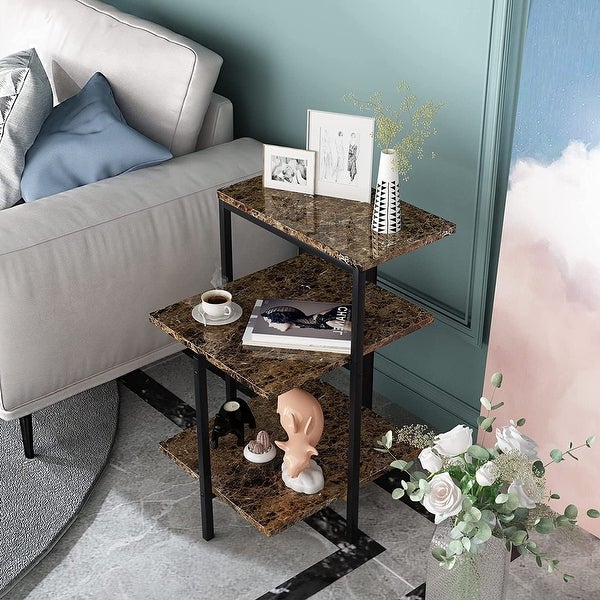 3-Tier Faux Marble Side Table， Small End Table with Storage Shelves， Sofa Side Table Bedside Table Nightstand for Living Room