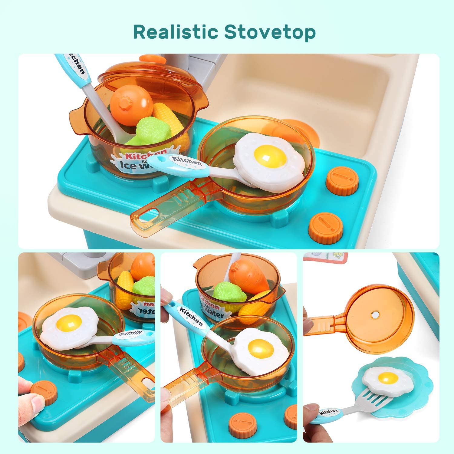 CUTE STONE Play Kitchen Sink Toys with Upgraded Real Faucet， Play Cooking Stove， Cookware Pot and Pan，Play Food， Color Changing Dishes Accessories for Boys Girls Toddlers