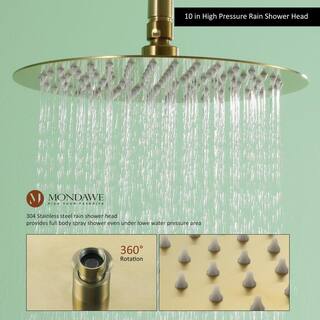 Mondawe Round 1-Spray Patterns Balance Valve Shower Faucets Set with 2.5 GPM 10 in. Ceiling Mount Dual Shower Heads in PVD Gold AM-S133AC-10BG