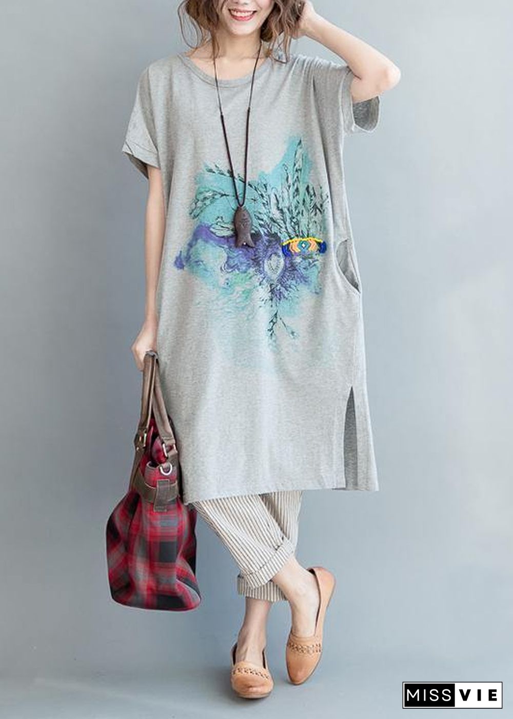 Organic Grey Print Cotton side open Summer Vacation Dresses