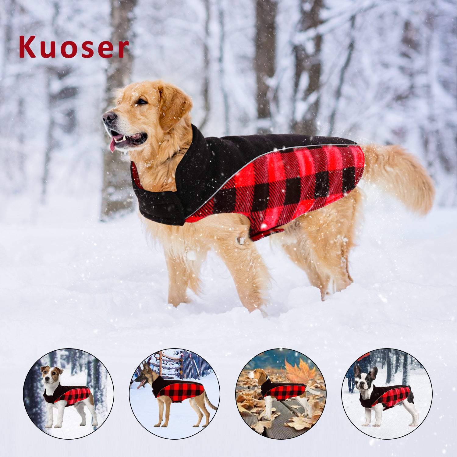 Kuoser Reversible Dog Winter Coat， Reflective Waterproof Dog Jacket， Cotton Lined Vest Windproof Outdoor for Small Medium and Large Dogs