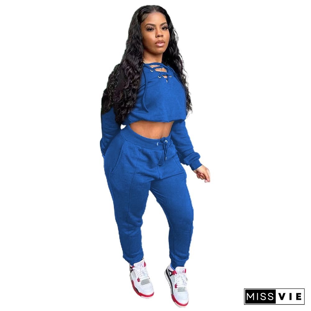 Long Sleeve Bandage Crop Top Sweatpants Set