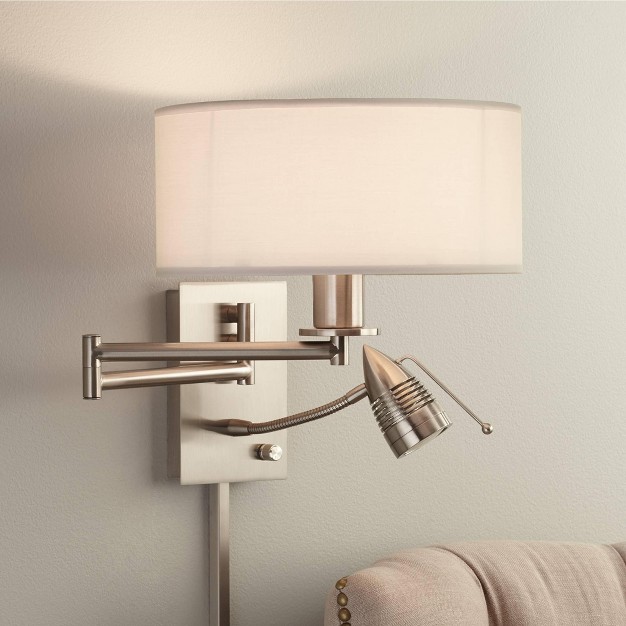 Possini Euro Design Tesoro Modern Swing Arm Wall Lamp With Led Reading Arm Brushed Nickel Plug in Light Fixture Off White Drum Shade For Bedroom Home