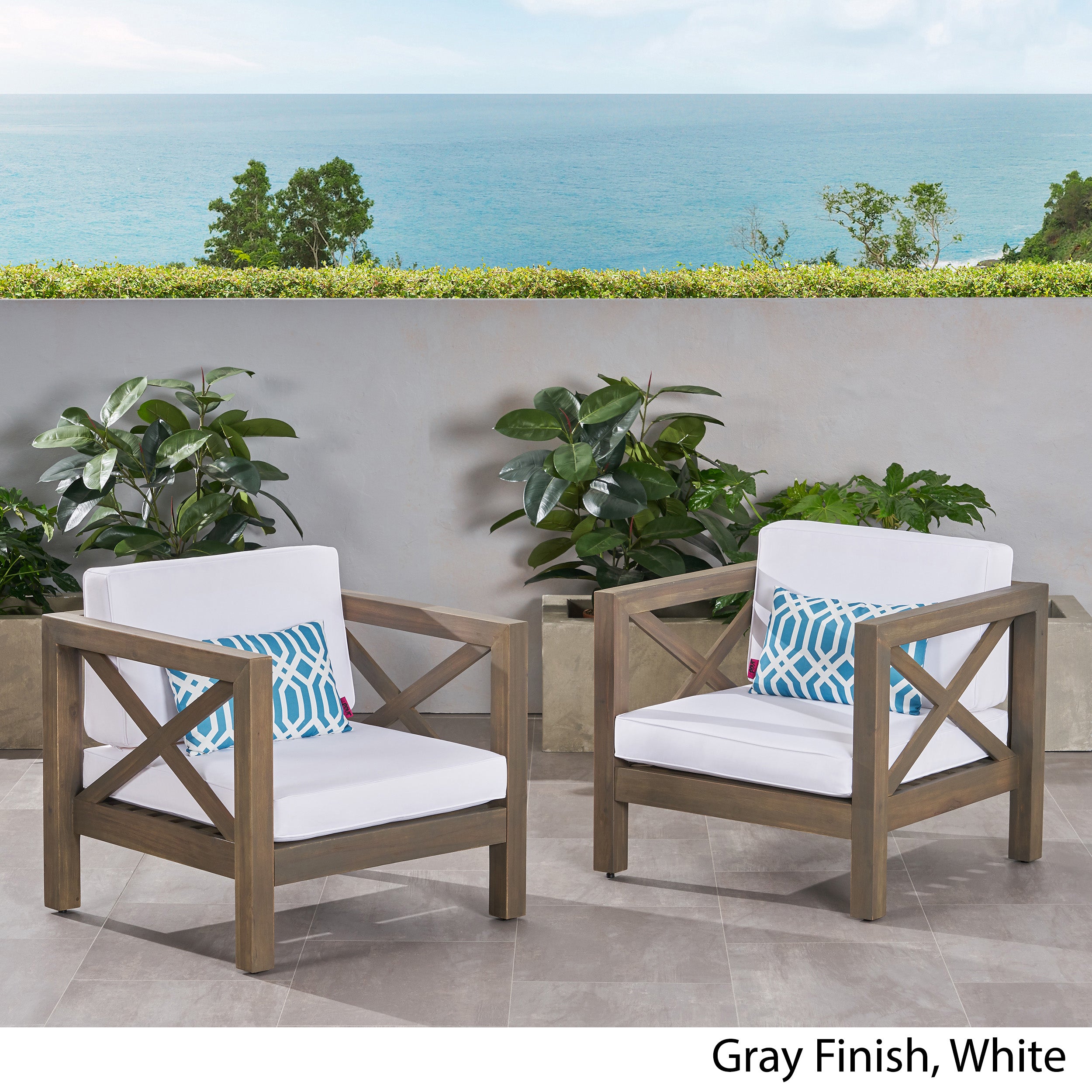 Indira Outdoor Acacia Wood Club Chairs with Cushions (Set of 2)