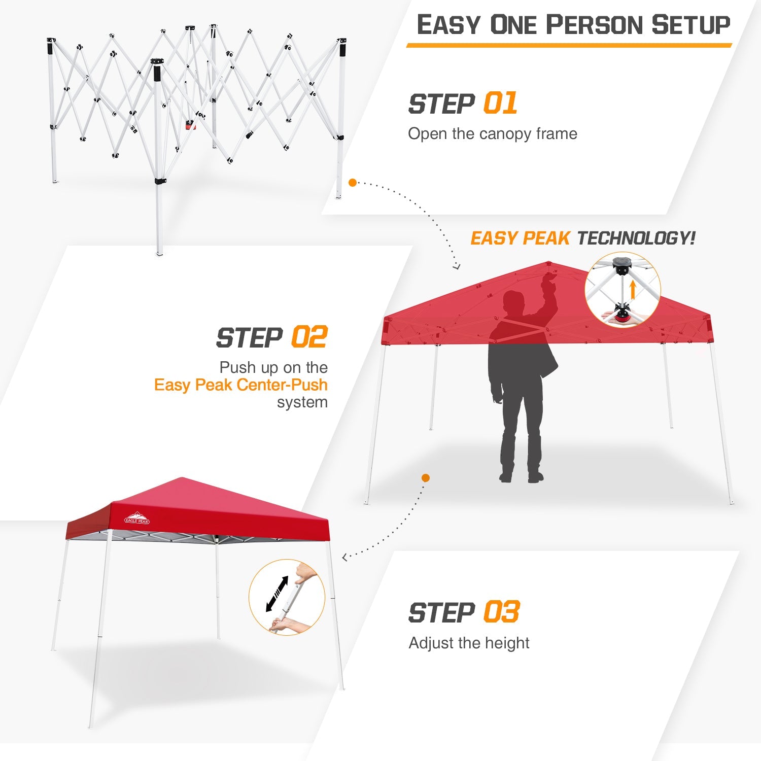 EAGLE PEAK 10' x 10' Slant Leg Pop-up Canopy w/ Easy Peak One Person Setup (64 sqft of Shade)