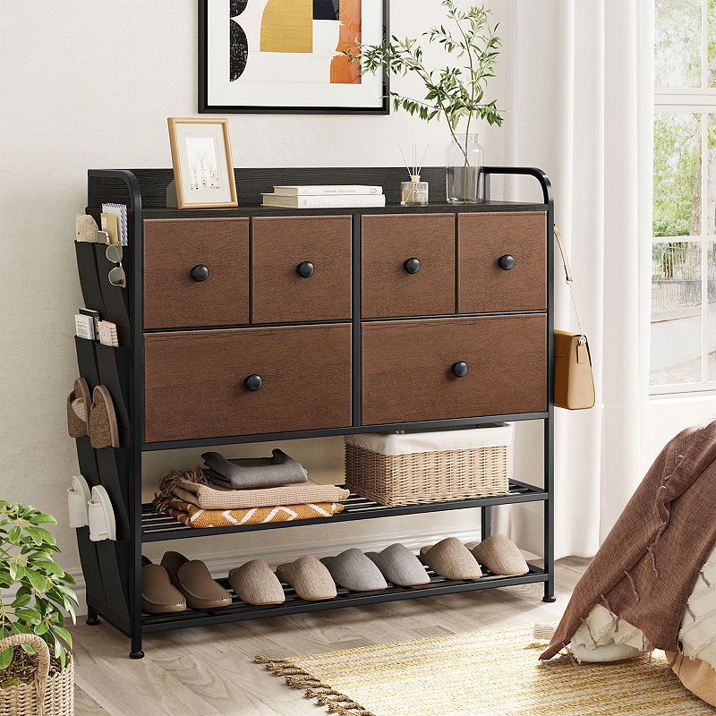 REAHOME 6 Fabric Drawer Dresser with 2 Tier Storage Shelf and Pockets， Espresso