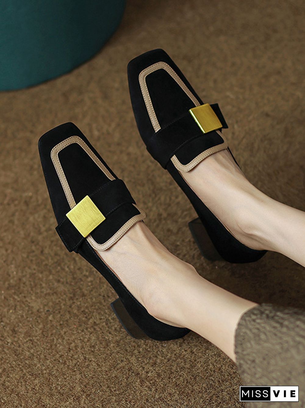 Contrast Color Square-Toe Mid Heels Loafers