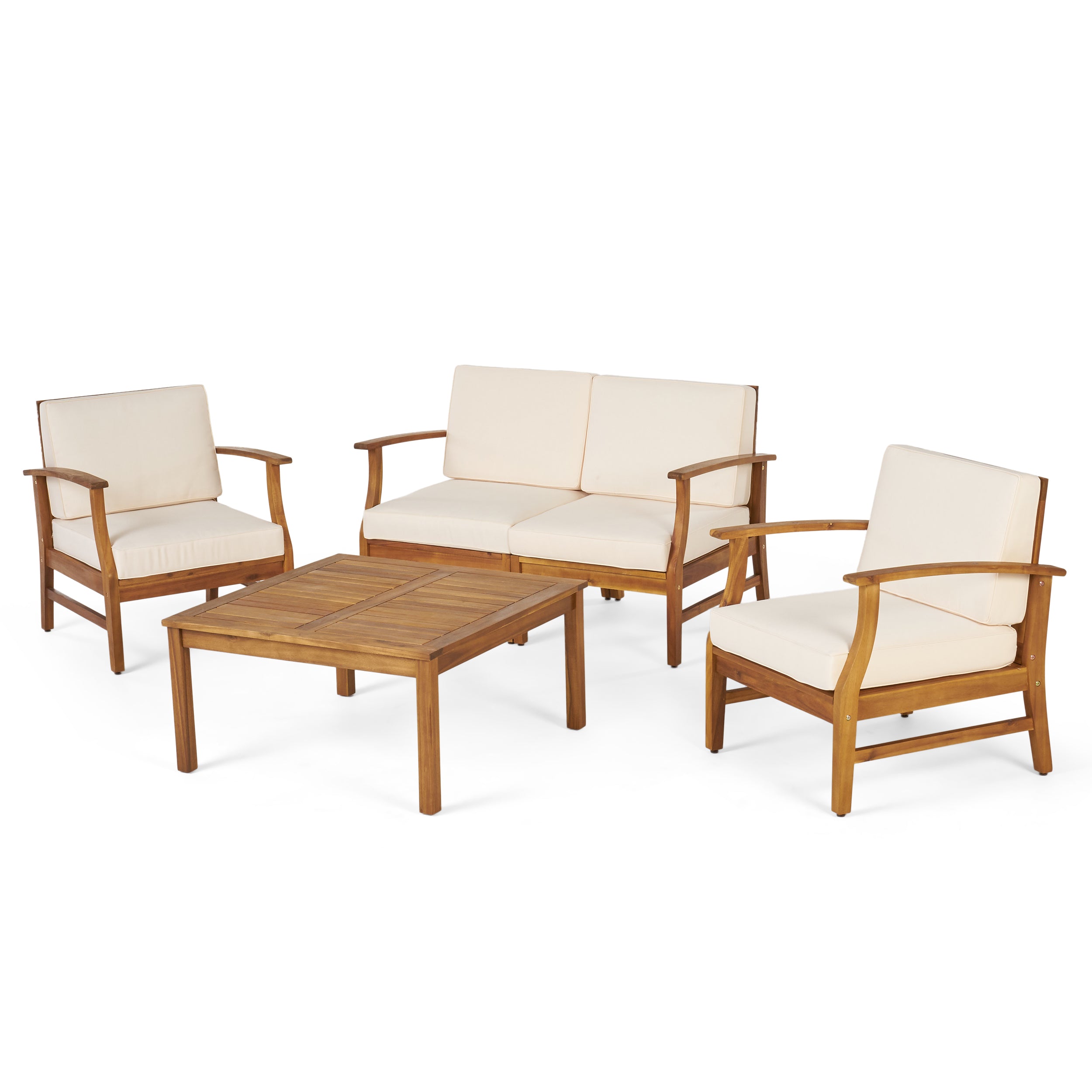 Lorelei Outdoor 4 Seat Teak Finished Acacia Wood Chat Set with Water Resistant Cushions