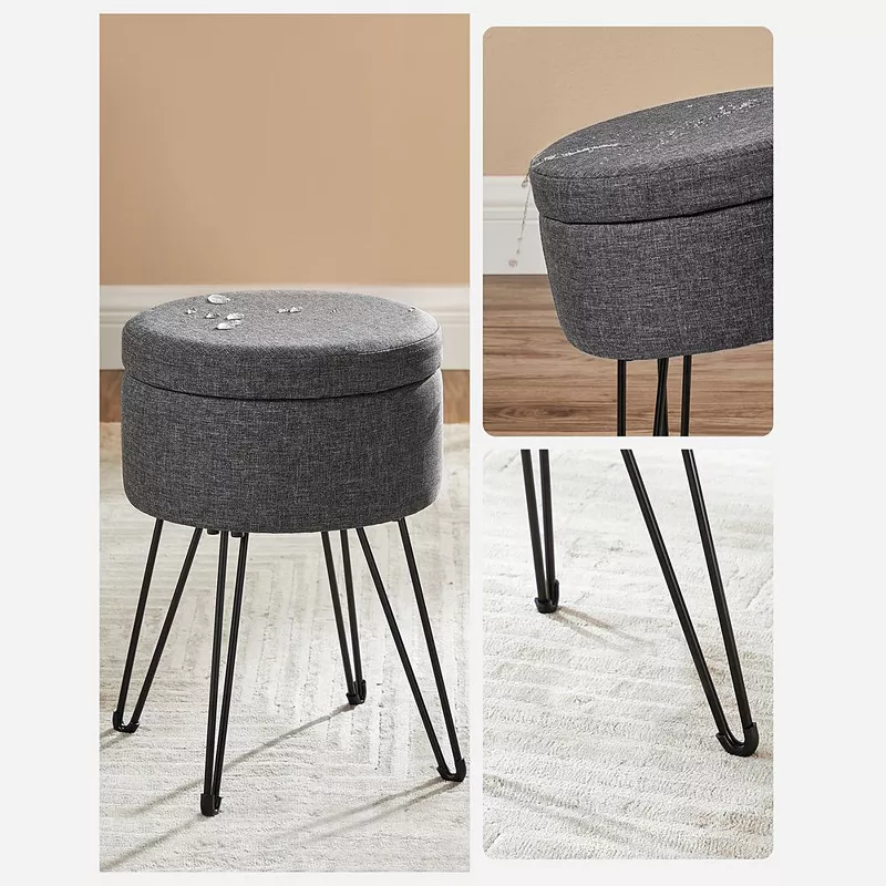 Round Storage Ottoman， Small Ottoman Stool With Storage， Vanity Chair， Footrest， Metal Legs