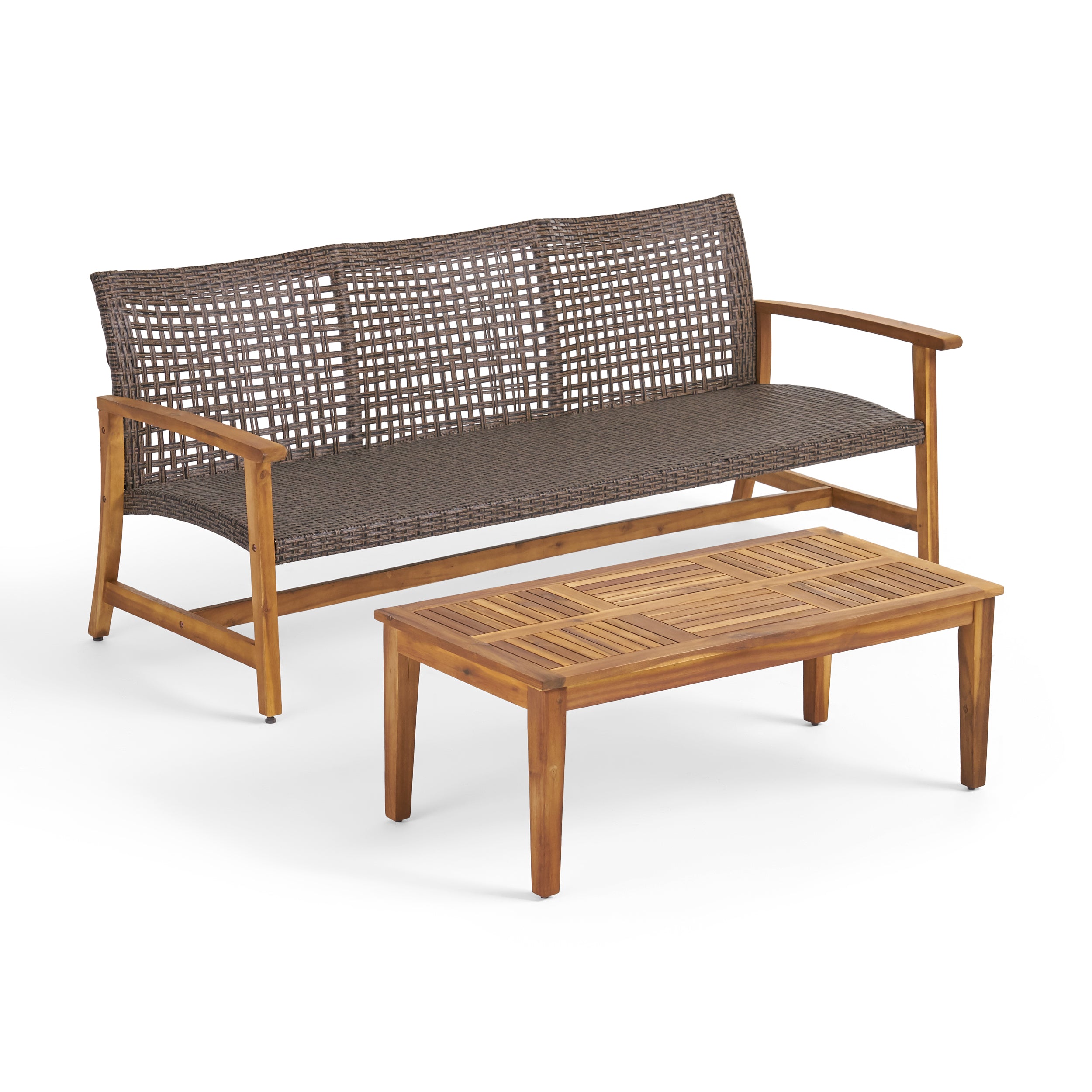 Beacher Belloc Outdoor Wood and Wicker Sofa and Coffee Table Set