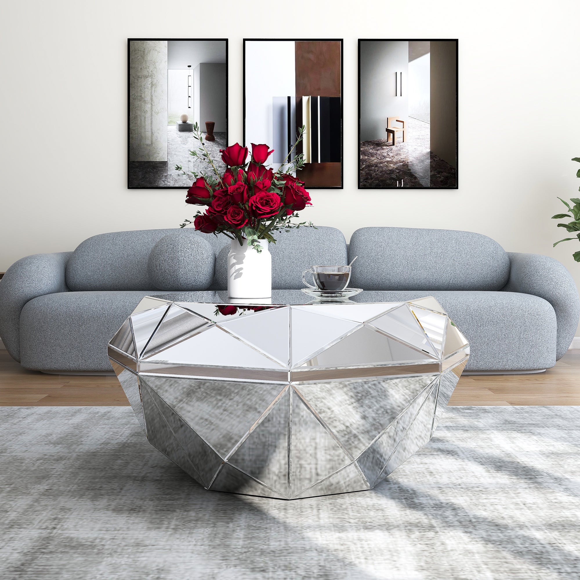 Mirrored Coffee Table Polygon Accent Solid Large Table，37