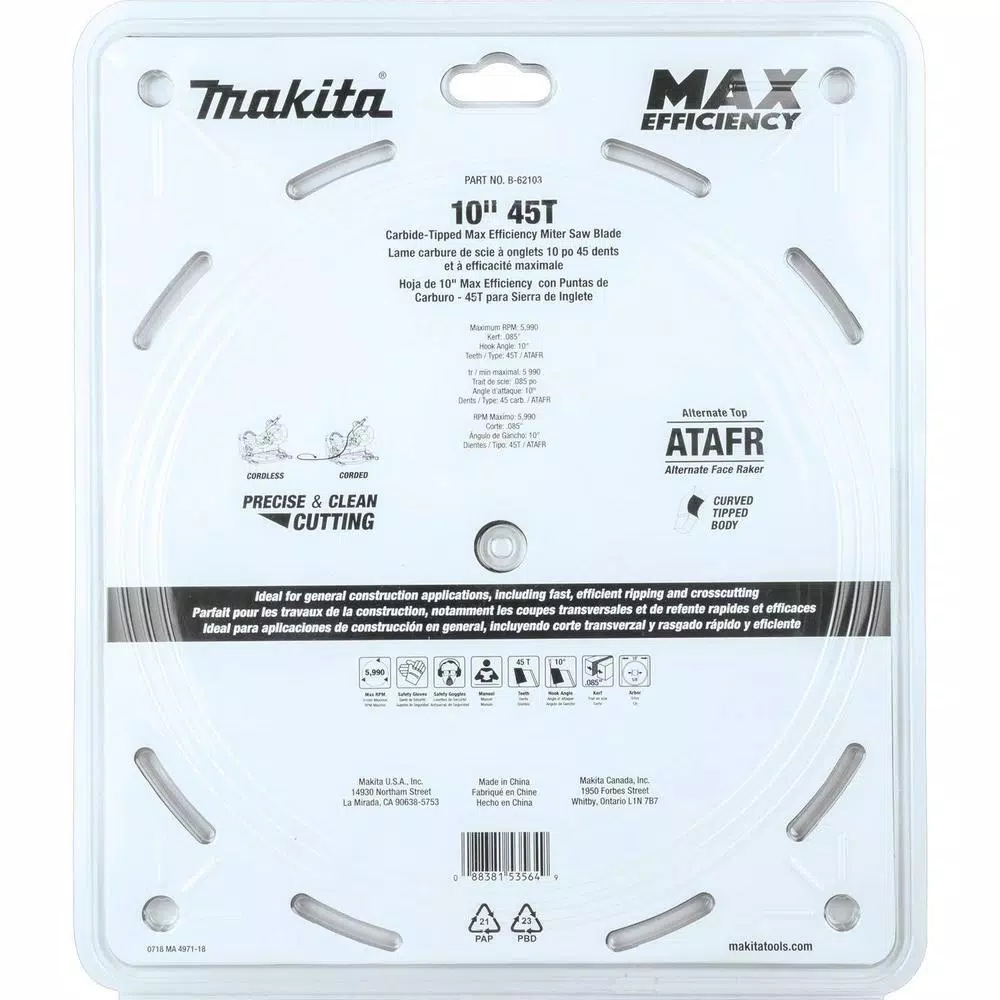 Makita 10 in. 45T Carbide-Tipped Max Efficiency Miter Saw Blade and#8211; XDC Depot