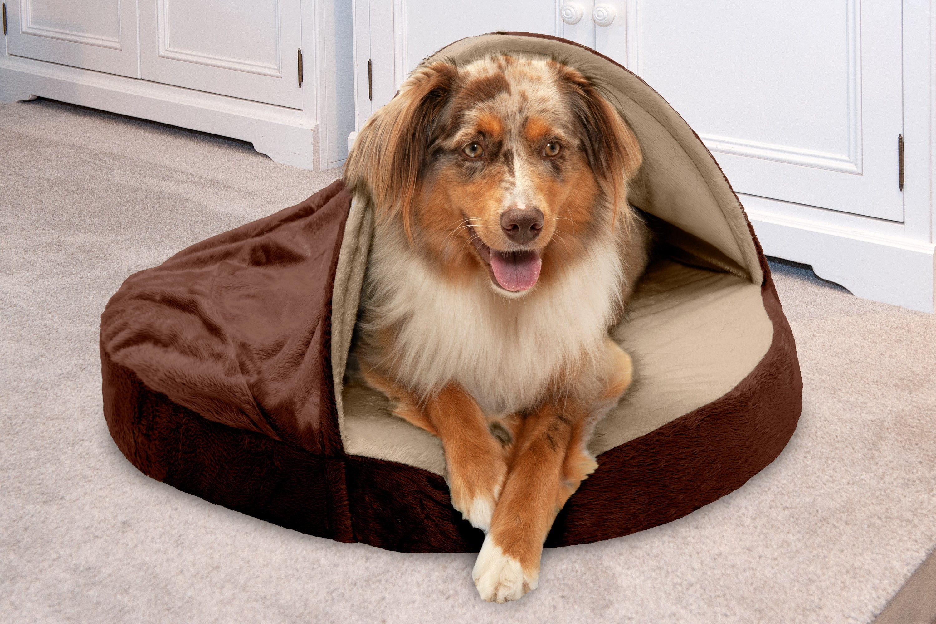 FurHaven Pet Dog Bed | Orthopedic Microvelvet Snuggery Burrow Pet Bed for Dogs & Cats, Espresso, 26-inch