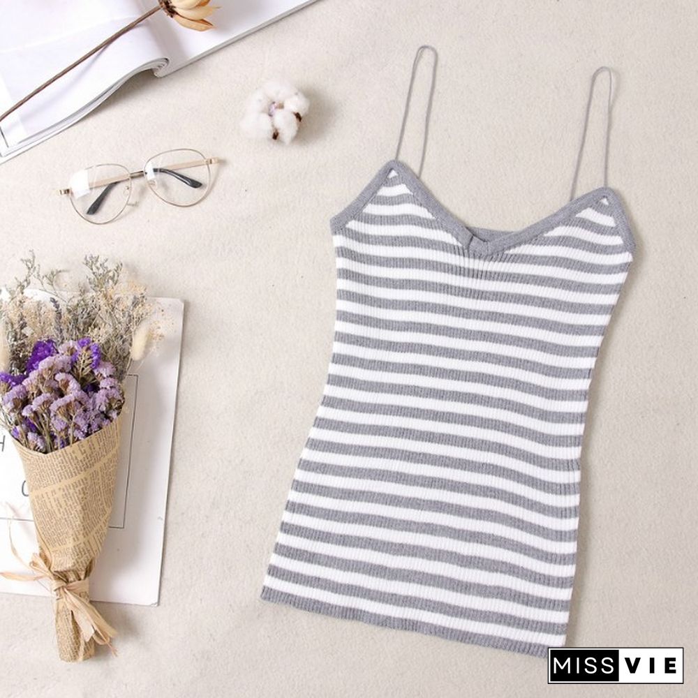 Women Knitted Tank Tops Sexy Spaghetti Strap Stretch Cropped Tops Striped Knit Camisole One Size Hot Sale Wdc4755