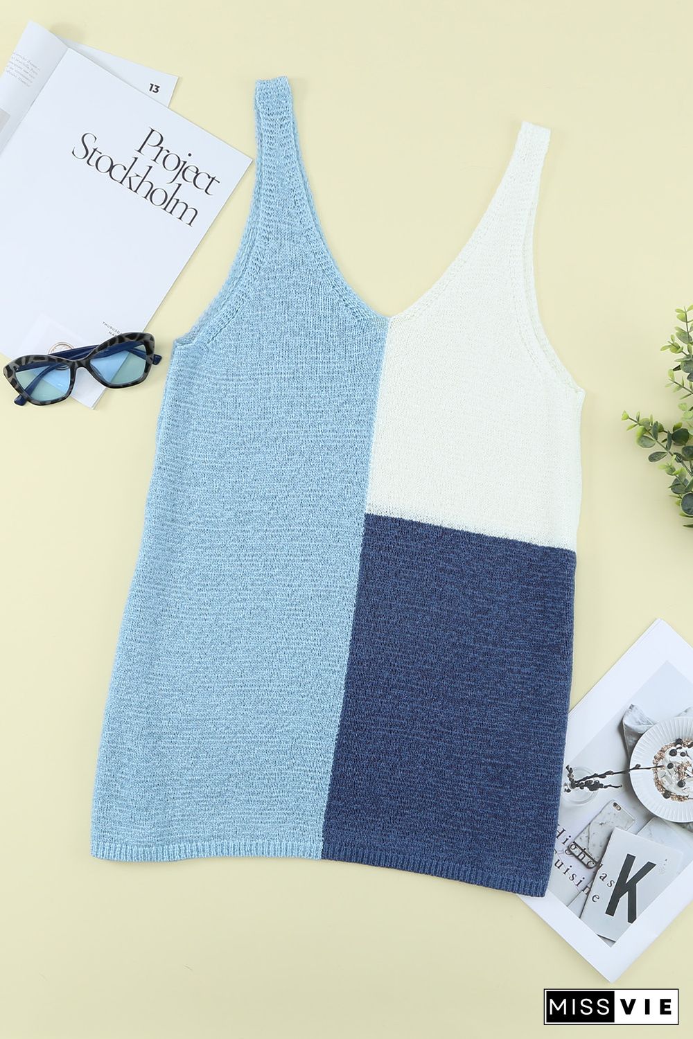 Blue Color Block Knitted Tank Top