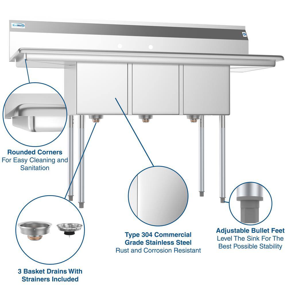 Koolmore 60 in. Freestanding Stainless Steel 3 Compartments Commercial Sink with Drainboard CS312-122