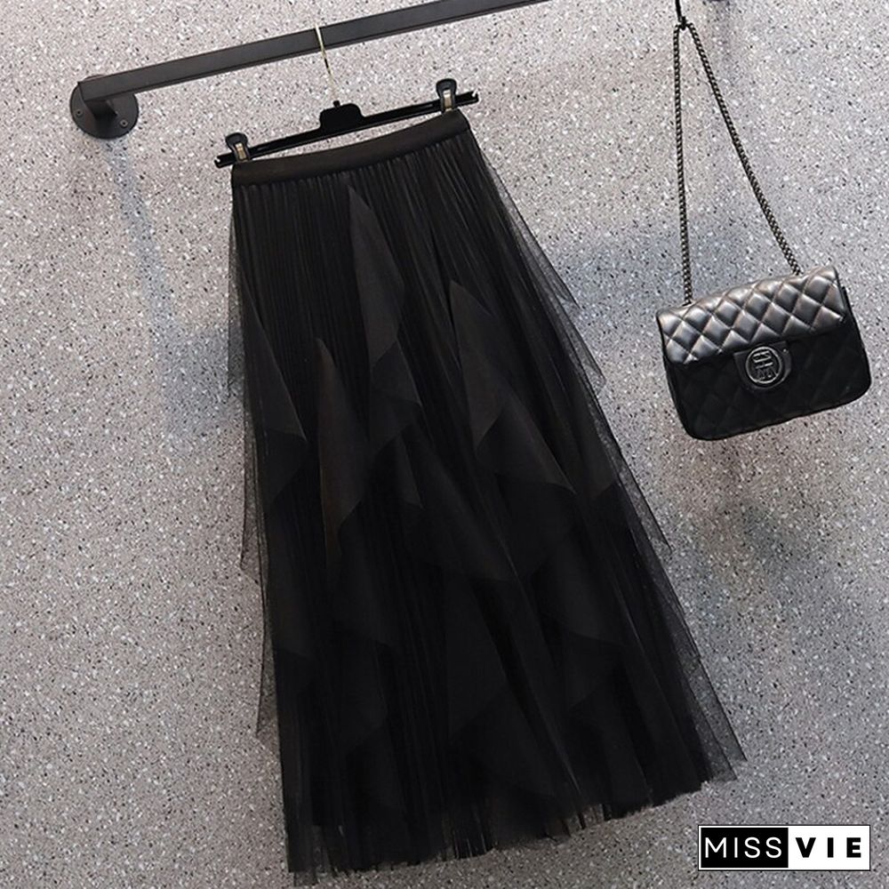 Skirts Design Ruffle Mesh Simple Skirts Women Loose Causal A Line Mujer Skirts Korean Fashion Office Style New