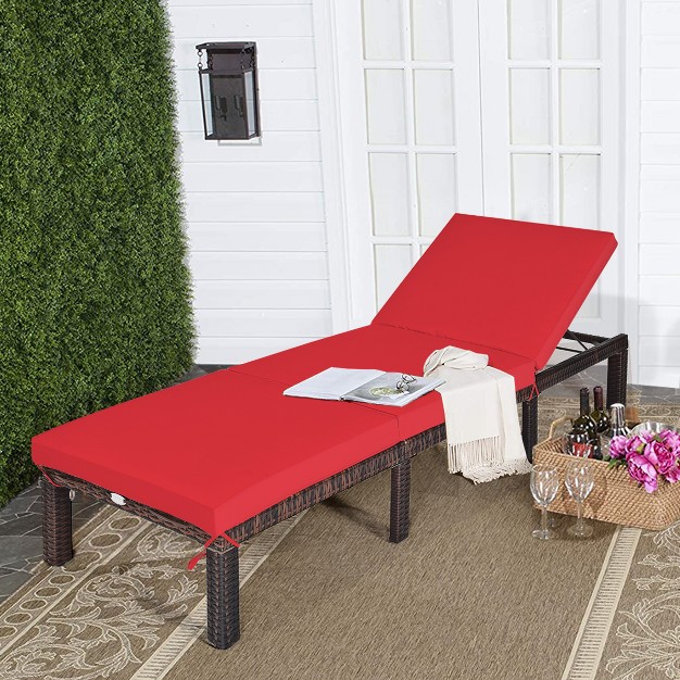 Tangkula Outdoor Rattan Chaise Lounge Chair Adjustable Backrest Recliner With Red Cushions