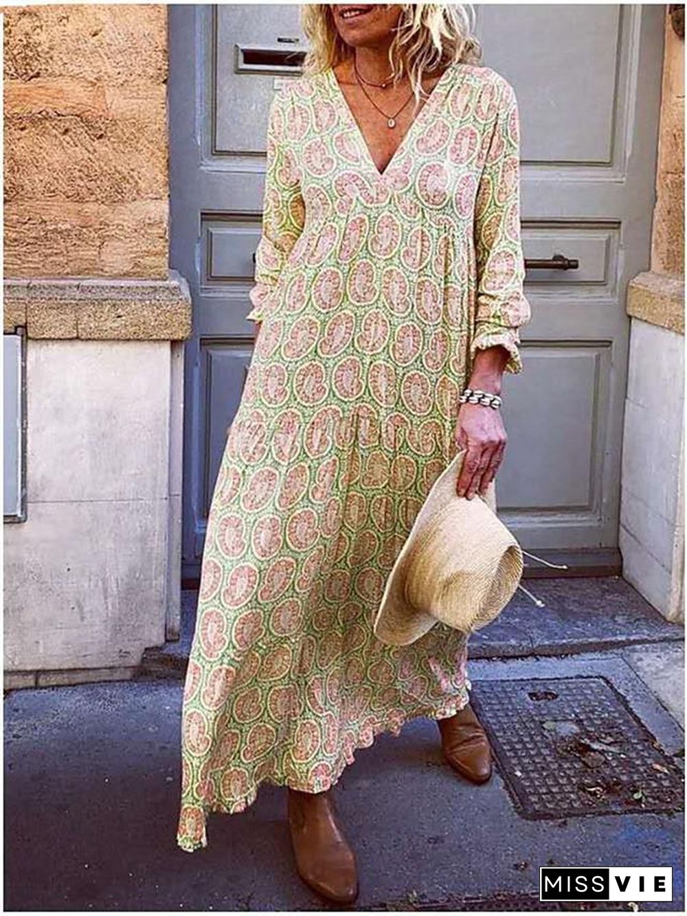 Women's A-Line Dress Maxi long Dress - Long Sleeve Print Patchwork Print Fall Winter Casual Blue Yellow Blushing Pink S M L XL XXL