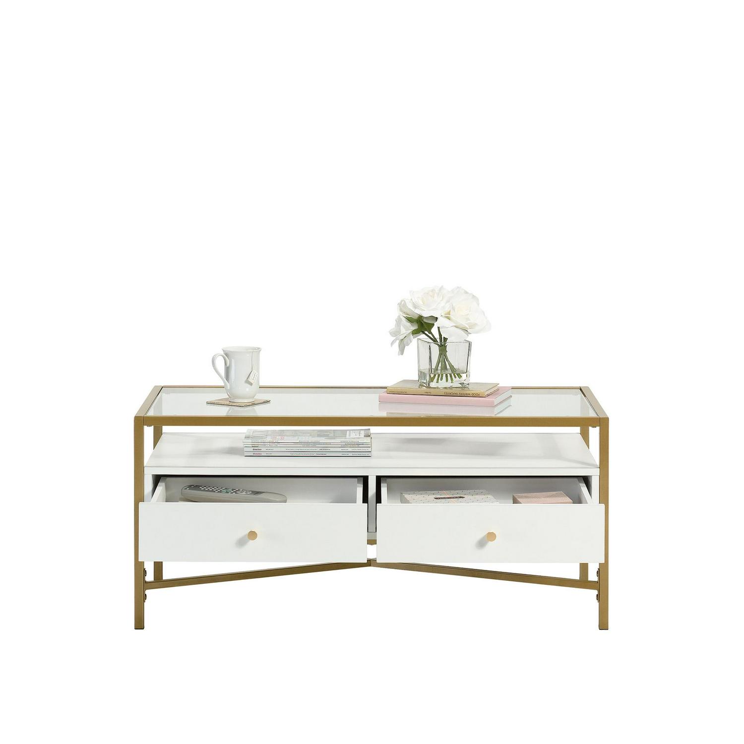 Curiod Glass Top Gold Metal Rectangular Coffee Table with Storage White Finish  Crowdfused