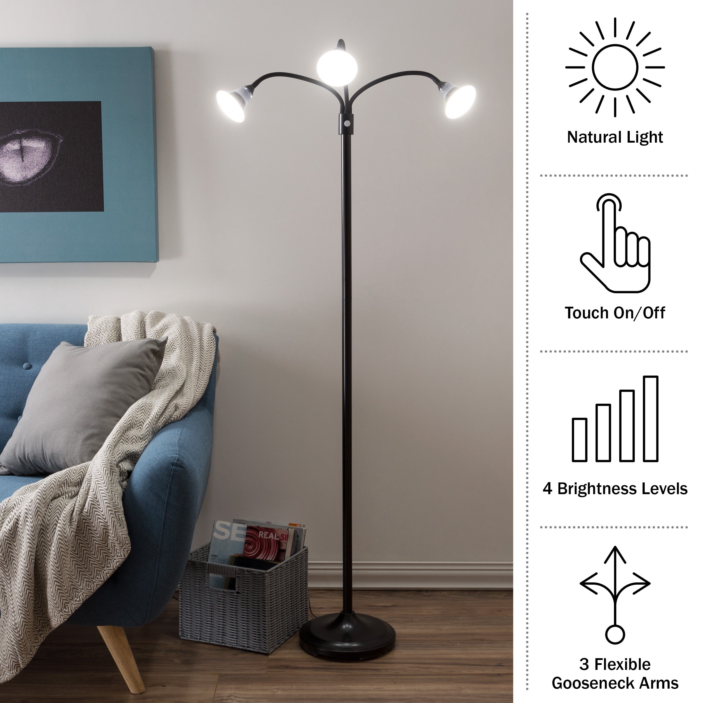 3 Head Floor Lamp, LED Light with Adjustable Arms, Touch Switch and Dimmer (Black) by Lavish Home