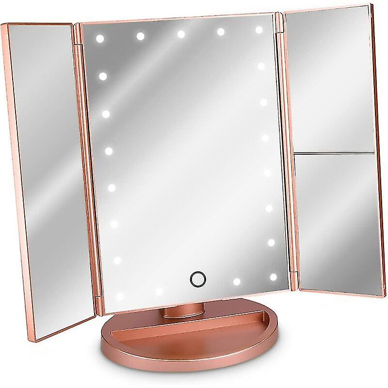 3-sided Led Lighted Standing Mirror - Folding Triptych Makeup Mirror On Stand With 2 X 3 Magnifying Effect - Battery Or Usb - Rose Gold