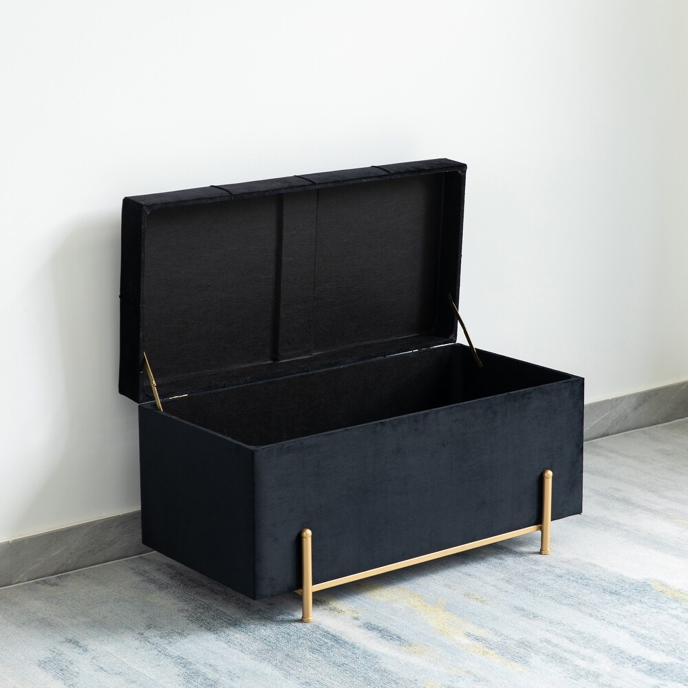 Large Rectangle Velvet Storage Ottoman Stool Box with Golden Legs  Decorative Sitting Bench