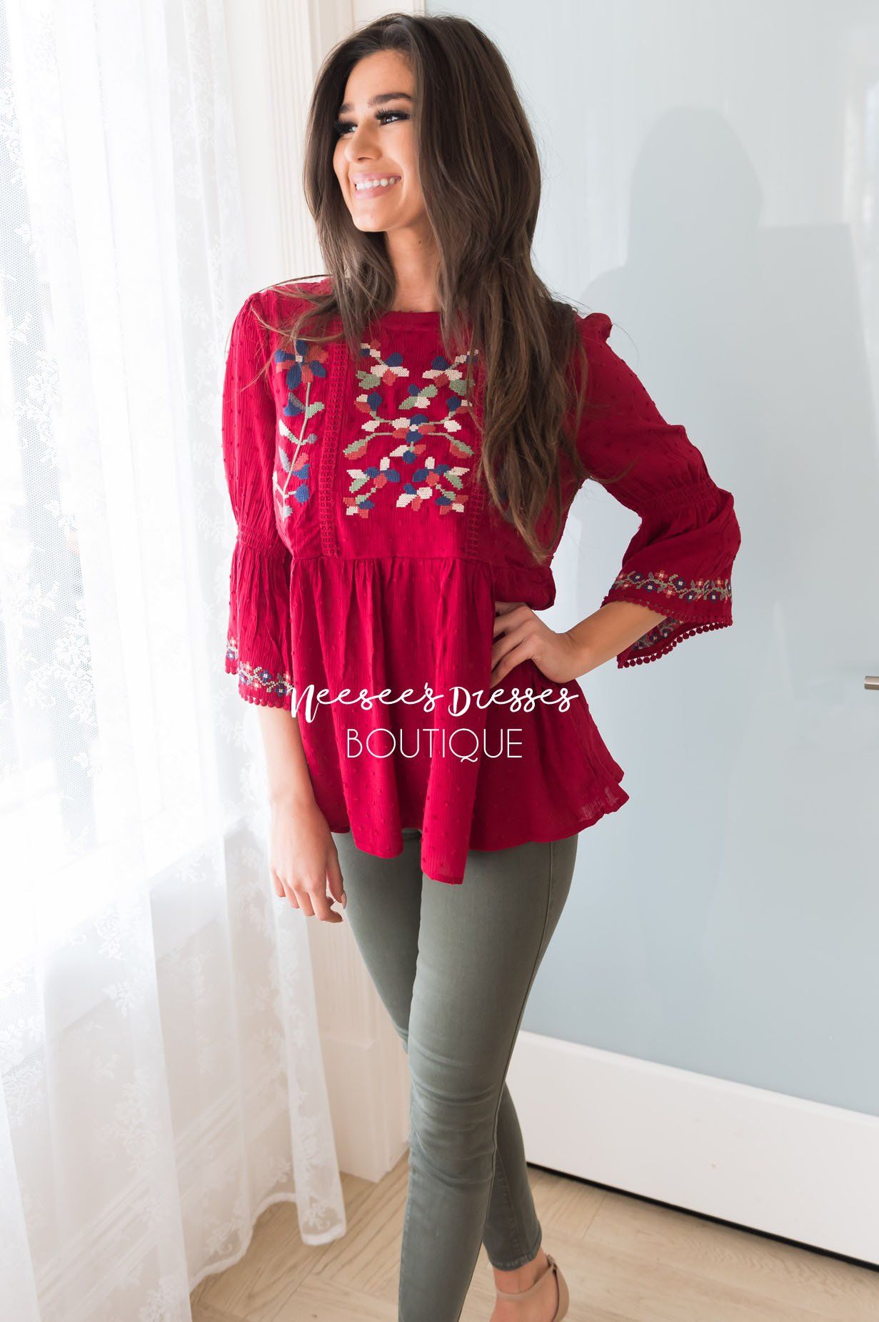 Looking Up Modest Embroidered Blouse