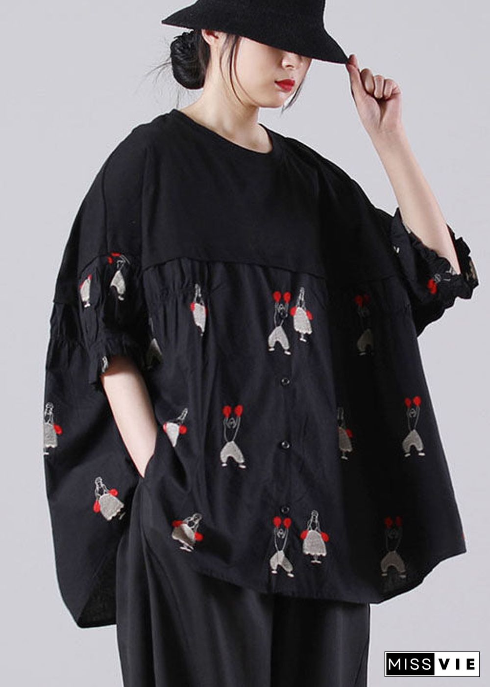 Casual Black O-Neck Embroideried Patchwork Cotton Shirts Short Sleeve