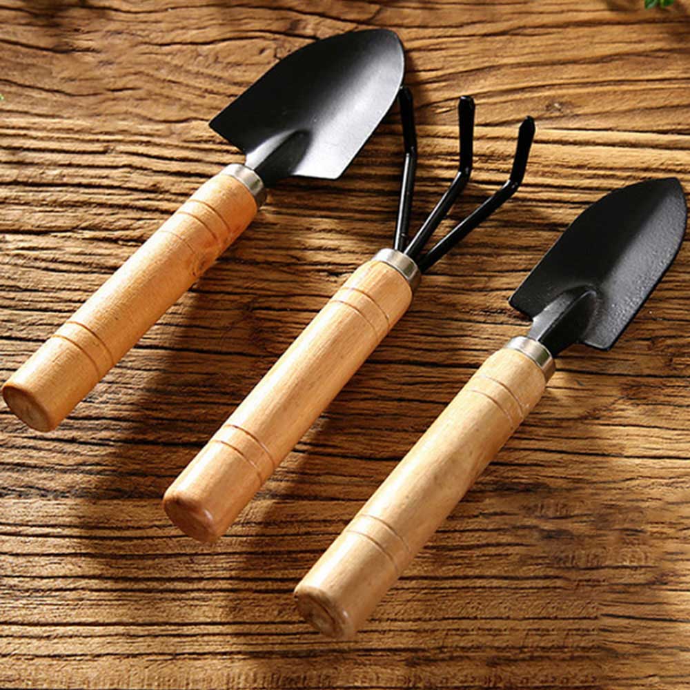 Giugt Garden Tool Sets, 3Pcs Wooden Handle Mini Shovel Hand Planting Garden Small Rake Spade Tool